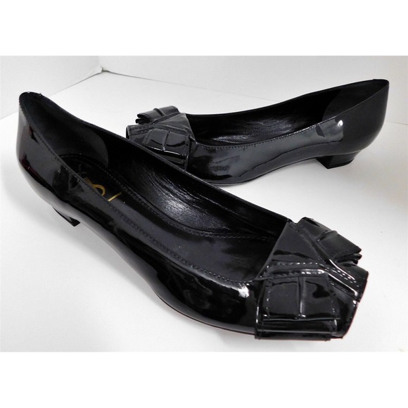 New YSL‎ Yves Saint Laurent Black Patent Open Toe Bow Flats Italy 39.5 - Picture 1 of 6